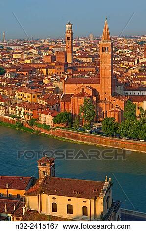 Santa Anastasia church, Torre dei Lamberti, Adige River, Verona, Veneto, Italy. View Large Photo Image Stock Photo - Santa Anastasia church, Torre dei Lamberti, Adige River, Verona, Veneto, Italy.. Fotosearch