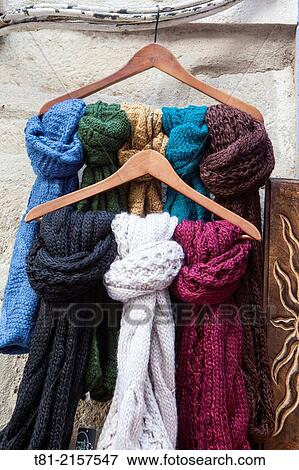 Scarves hanging on street View Large Photo Image Stock Photo - Scarves hanging on street. Fotosearch