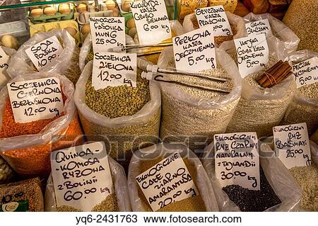 Selection of organic and healthy grains and lentils at the food market in Cracow, Poland. View Large Photo Image Stock Image - Selection of organic and healthy grains and lentils at the food market in Cracow, Poland.. Fotosearch