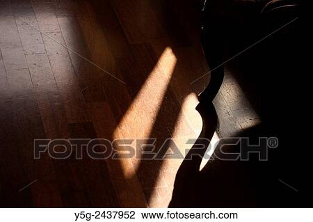 Stock Image - Shadow of antique chair leg on wooden floor in room in house. Fotosearch