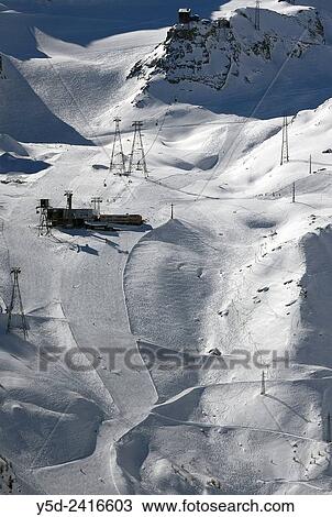 Stock Image - ski slopes in Swiss Alps above famous resort Saas-Fee, Valais, Switzerland.. Fotosearch