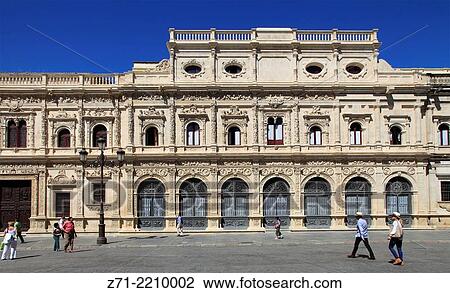 Stock Image - Spain, Andalusia, Seville, Ayuntamiento, City Hall facade and square. Fotosearch