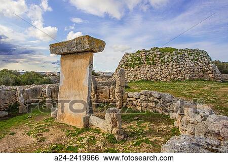 Spain, Balearic Islands, Menorca Island, Trepuco prehistoric remains, taula and talayot. View Large Photo Image Stock Photograph - Spain, Balearic Islands, Menorca Island, Trepuco prehistoric remains, taula and talayot.. Fotosearch