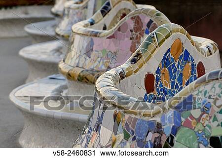 Spain, Catalonia, Barcelona, World Heritage Site, Park Guell, Serpentine bench decorated with Trencadis (Earthenware mosaics). View Large Photo Image Stock Image - Spain, Catalonia, Barcelona, World Heritage Site, Park Guell, Serpentine bench decorated with Trencadis (Earthenware mosaics).. Fotosearch