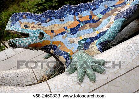 Spain, Catalonia, Barcelona, World Heritage Site, Park Guell, Mosaic of El Drac, the dragon. View Large Photo Image Stock Image - Spain, Catalonia, Barcelona, World Heritage Site, Park Guell, Mosaic of El Drac, the dragon.. Fotosearch