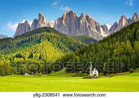 Stock Image - St Johann Church, Santa Maddalena, Val Di Funes, Italy.. Fotosearch