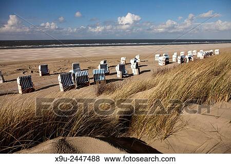 Strandkorb - beach chairs on the main beach, East Frisian Island Spiekeroog, Lower Saxony, Germany. View Large Photo Image Stock Photo - Strandkorb - beach chairs on the main beach, East Frisian Island Spiekeroog, Lower Saxony, Germany.. Fotosearch