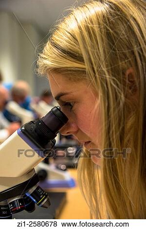student looking through microscope at university View Large Photo Image Stock Photo - student looking through microscope at university. Fotosearch