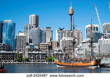 Sydney Central Business District and HM Bark Endeavour replica Ship in Darling Harbour View Large Photo Image Stock Photo - Sydney Central Business District and HM Bark Endeavour replica Ship in Darling Harbour. Fotosearch