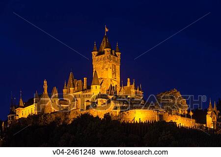 The beautiful Reichsburg Cochem (Cochem Imperial Castle) at night, Cochem, Rhineland-Palatinate, Germany, Europe View Large Photo Image Stock Photo - The beautiful Reichsburg Cochem (Cochem Imperial Castle) at night, Cochem, Rhineland-Palatinate, Germany, Europe. Fotosearch