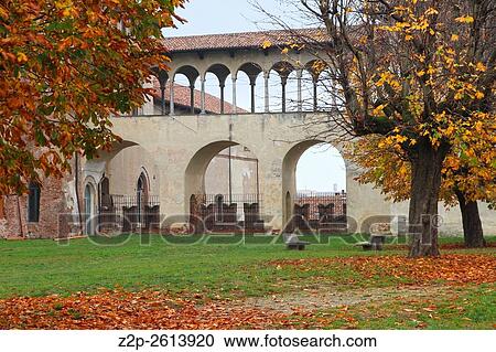 Stock Image - The covered corridor at the palace Sforzesco in Vigevano Italy.. Fotosearch