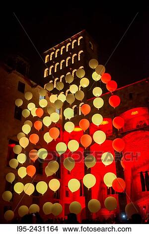 The Pla? a del Rei and Sal? del Tinell hosting an artist's multimedia exhibit of variably-colored balloons, February 2015. View Large Photo Image Picture - The Pla? a del Rei and Sal? del Tinell hosting an artist's multimedia exhibit of variably-colored balloons, February 2015.. Fotosearch
