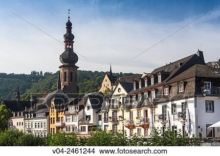 Timbered houses and parish church St. Martin in the picturesque village of Cochem, Rhineland-Palatinate, Germany, Europe View Large Photo Image Picture - Timbered houses and parish church St. Martin in the picturesque village of Cochem, Rhineland-Palatinate, Germany, Europe. Fotosearch
