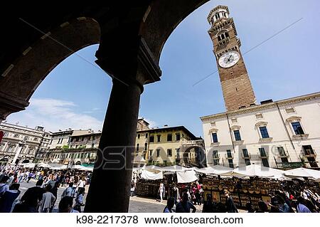 Torre dei Lamberti, Piazza delle Erbe, Verona, World Heritage, Veneto, Italy. View Large Photo Image Stock Photo - Torre dei Lamberti, Piazza delle Erbe, Verona, World Heritage, Veneto, Italy.. Fotosearch