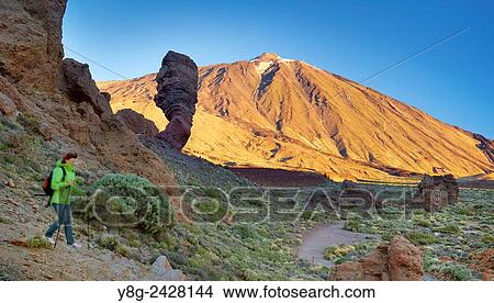 Picture - Tourist walking in Teide National Park, Tenerife, Canary Islands, Spain.. Fotosearch