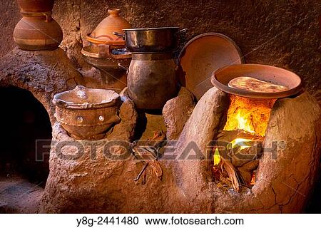 Stock Image - Traditional Berber kitchen. Ourica Valley, Morocco.. Fotosearch