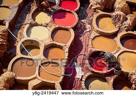 Stock Photo - Traditional leather Chouwara Tannery, Fez, Morocco, Africa.. Fotosearch