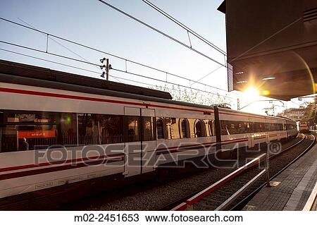 Train in San Pol de Mar in the coast of the province of Barcelona in Catalonia, Spain. View Large Photo Image Stock Image - Train in San Pol de Mar in the coast of the province of Barcelona in Catalonia, Spain.. Fotosearch