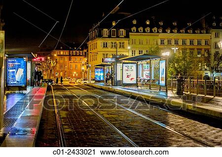 Tram station at night Strasbourg Alsace France. View Large Photo Image Stock Image - Tram station at night Strasbourg Alsace France.. Fotosearch