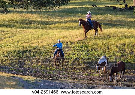 Stock Photograph - Two wranglers (Cowboy) with their horses at a lake, California, USA. Fotosearch