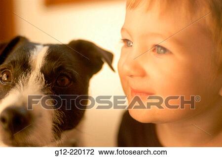 Stock Image - Two-year old boy with jack russell Terrier dog. Fotosearch