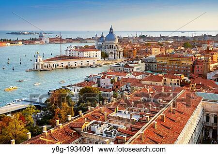 Venice - aerial view from the Campanile di San Marco of the Grand Canal (Grande) and Santa Maria della Salute Church, Venice, Italy, UNESCO. View Large Photo Image Stock Image - Venice - aerial view from the Campanile di San Marco of the Grand Canal (Grande) and Santa Maria della Salute Church, Venice, Italy, UNESCO.. Fotosearch