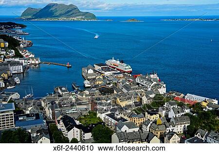 Stock Image - View from Aksla Hill at the port terminal for ships of the Hurtigruten, Alesund, Moere og Romsdal, Norway.. Fotosearch