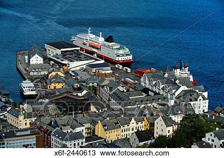 View from Aksla Hill at the port terminal for ships of the Hurtigruten, Alesund, Moere og Romsdal, Norway. View Large Photo Image Stock Image - View from Aksla Hill at the port terminal for ships of the Hurtigruten, Alesund, Moere og Romsdal, Norway.. Fotosearch