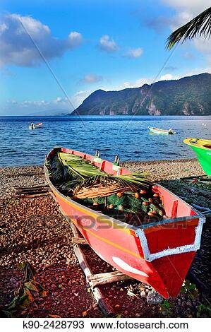 View of fishing boats laying on the beach of Scottshead, Dominica, Windward Islands, Lesser Antilles, Eastern Caribbean Islands, West Indies, Americas. View Large Photo Image Stock Image - View of fishing boats laying on the beach of Scottshead, Dominica, Windward Islands, Lesser Antilles, Eastern Caribbean Islands, West Indies, Americas.. Fotosearch