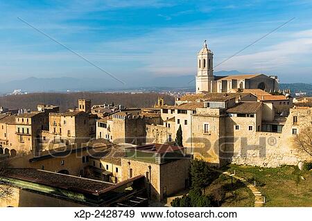 Stock Photo - View of the city of Girona and the Cathedral. Catalonia, Spain.. Fotosearch