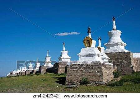 Stock Image - View of wall (corner) with stupas surrounding the Erdene Zuu monastery in Kharakhorum, Mongolia, Mongolia? Æs largest monastery, (UNESCO World Heritage Site).. Fotosearch