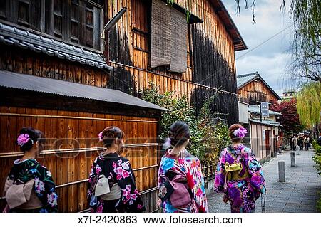 women dressed in kimono, in Shirakawa-minami-dori, Gion district, Kyoto. Kansai, Japan. View Large Photo Image Stock Image - women dressed in kimono, in Shirakawa-minami-dori, Gion district, Kyoto. Kansai, Japan.. Fotosearch