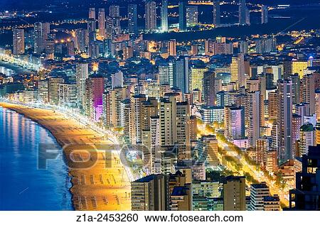 Aerial view of the east beach and the skyline by night. Benidorm. Alicante. Valencia Community. Spain. View Large Photo Image Stock Image - Aerial view of the east beach and the skyline by night. Benidorm. Alicante. Valencia Community. Spain.. Fotosearch