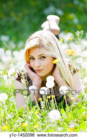 Attractive woman lying in dandelions View Large Photo Image Stock Photo - Attractive woman lying in dandelions. Fotosearch