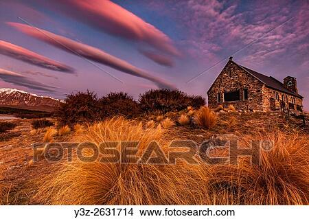 Church of Good Shepherd, winter evening, Lake Tekapo, Mackenzie Country, Canterbury. View Large Photo Image Picture - Church of Good Shepherd, winter evening, Lake Tekapo, Mackenzie Country, Canterbury.. Fotosearch