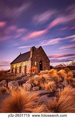 Stock Photography - Church of Good Shepherd, winter evening, Lake Tekapo, Mackenzie Country, Canterbury.. Fotosearch