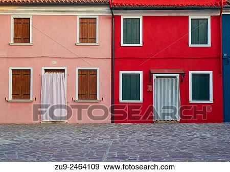 Stock Photo - Colourful painted houses, Burano, Venetian Lagoon, Veneto, Italy, Europe.. Fotosearch