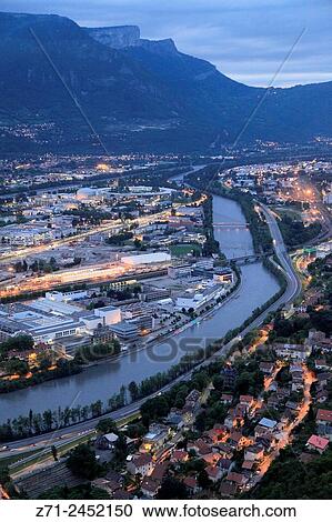 France, Rhne-Alpes, Grenoble, skyline, general aerial view, night, Isre River. View Large Photo Image Stock Image - France, Rhne-Alpes, Grenoble, skyline, general aerial view, night, Isre River.. Fotosearch