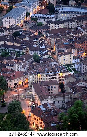 Stock Photo - France, Rhne-Alpes, Grenoble, skyline, general aerial view, night.. Fotosearch