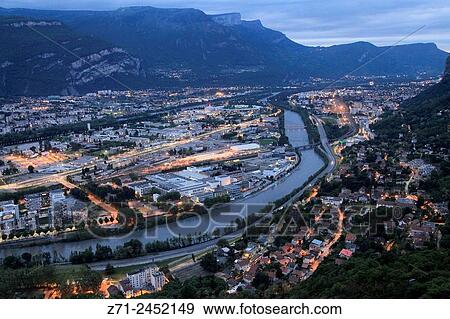 France, Rhne-Alpes, Grenoble, skyline, general aerial view, night, Isre River. View Large Photo Image Stock Photo - France, Rhne-Alpes, Grenoble, skyline, general aerial view, night, Isre River.. Fotosearch