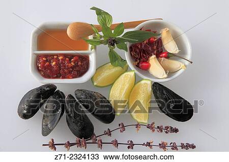 Mussels with basil, Cambodian dish, ingredients View Large Photo Image Stock Image - Mussels with basil, Cambodian dish, ingredients. Fotosearch