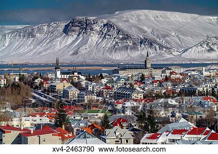 Stock Image - Panoramic views from La Perla top floor view point, Reykjavik, Iceland.. Fotosearch