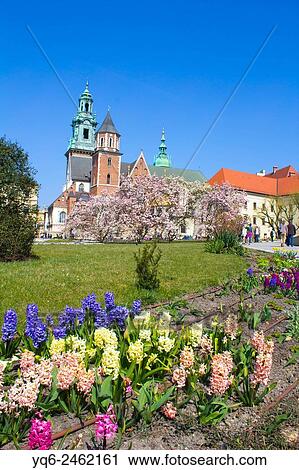 Stock Image - Spring garden at Krakows Royal Wawel Castle with Wawel Cathedral in the background, Krakow, Poland, Europe.. Fotosearch