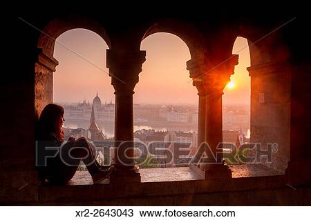 Stock Image - Sunrise and panoramic views from Fisherman's Bastion, Budapest, Hungary.. Fotosearch