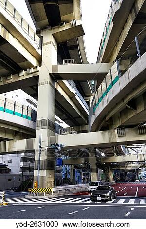 Stock Image - Urban landscape of Tokyo, Hakozaki junction of Metropolitan Expressways 6 and 9, near Tokyo City Terminal, Nihonbashi-Hakozaki-cho, Chuo, Chuo-ku, Tokyo, Japan. Fotosearch