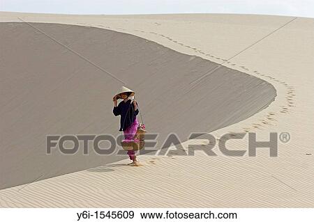Woman with conical hat carries flowers in pannier baskets across white sand dunes near Mui Ne Vietnam View Large Photo Image Stock Photo - Woman with conical hat carries flowers in pannier baskets across white sand dunes near Mui Ne Vietnam. Fotosearch
