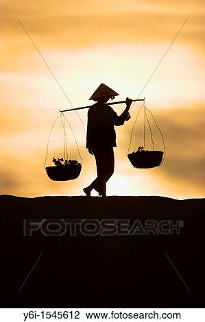 Woman with conical hat carries pannier baskets along crest of sand dune in sunrise near Mui Ne Vietnam View Large Photo Image Stock Image - Woman with conical hat carries pannier baskets along crest of sand dune in sunrise near Mui Ne Vietnam. Fotosearch
