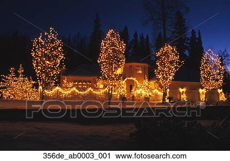 House With Christmas Decorations Lights Ak Winter Stock Image House With Christmas Decorations