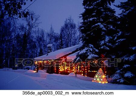 Anchorage Log Cabin With Christmas Lights Ak Southcentral Winter