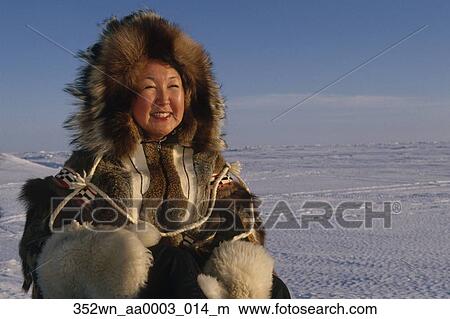 Stock Photo of Inupiat Eskimo Woman in Fur Parka Nome AK Winter 352wn ...